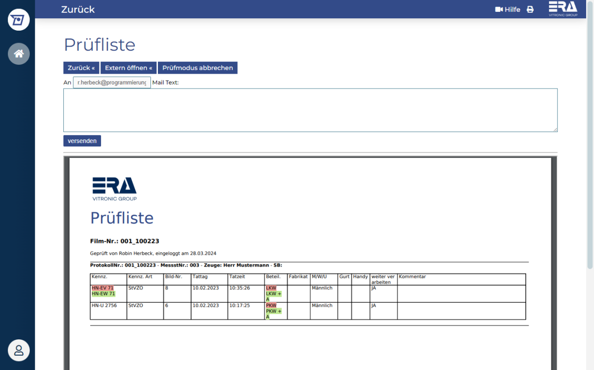 Screenshot der Prüfliste von VAWeb